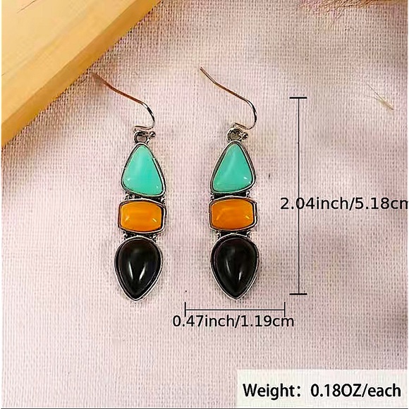 Silver Vintage Stone Boho Geometric Dangle Earrings - Picture 5 of 5